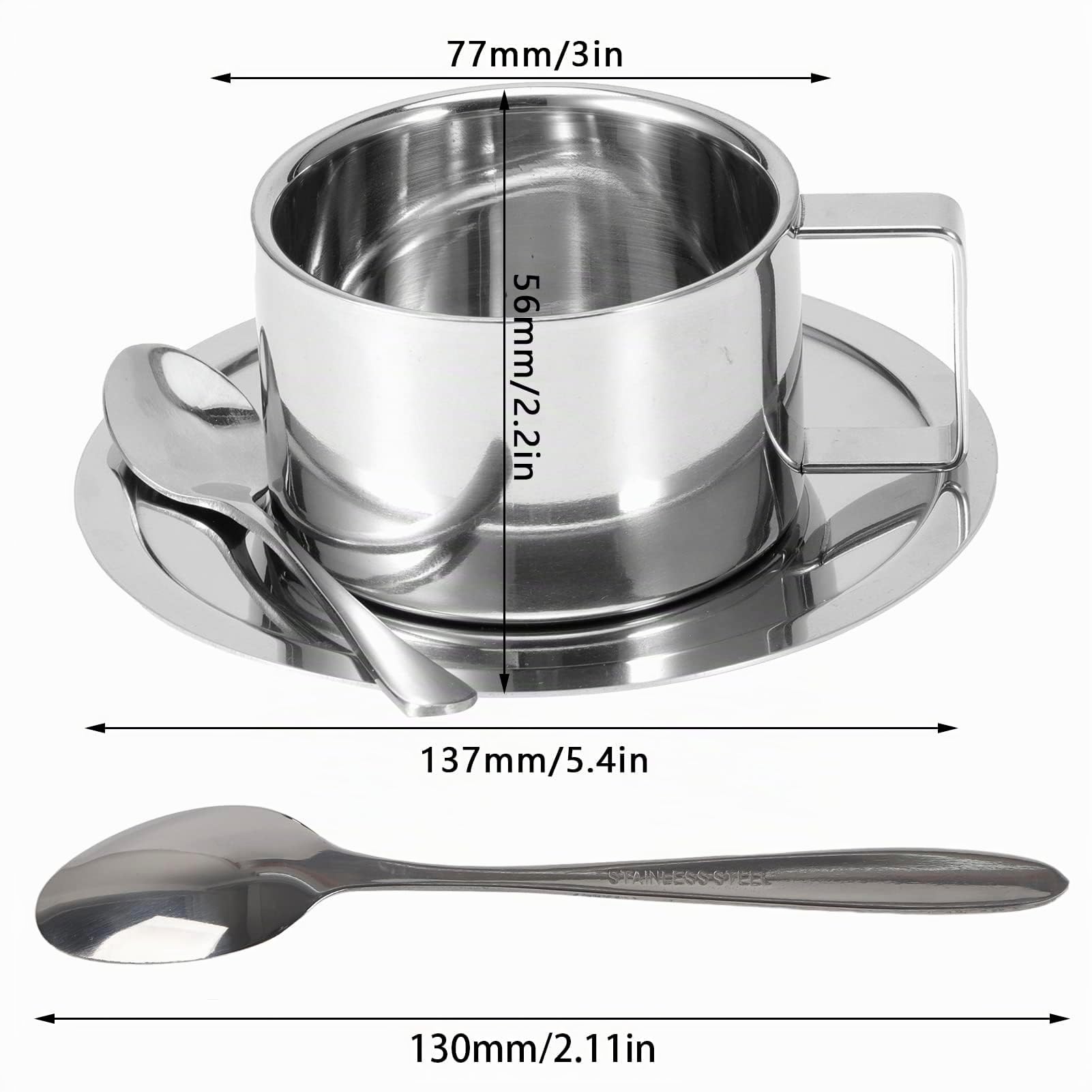 4 Stück Edelstahl Kaffeetassen Set 200ml Doppelwandig Kaffeetassen Metall Espresso Tasse Espressotassen Isolierbecher mit Löffel und Untertasse für Kaffee, Latte, Tee, Milch | Doppelwandige Metallbecher aus Metall, Espresso-Teetassen-Set mit Untertasse, G