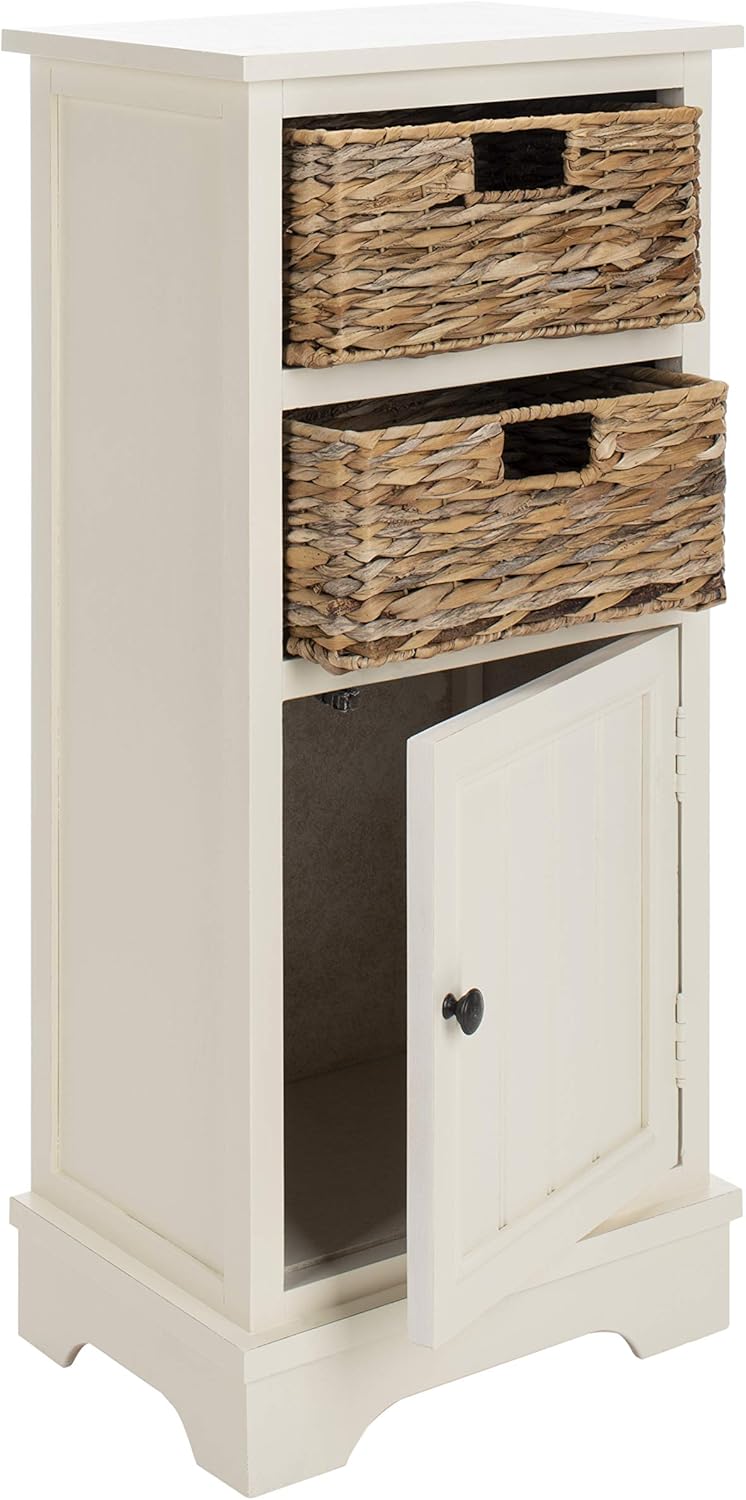 SAFAVIEH Home Collection – Connery Distressed Vintage White Storage Cabinet with Rattan Baskets & Bottom Door, Farmhouse Accent Storage, Fully Assembled (AMH5742B)
