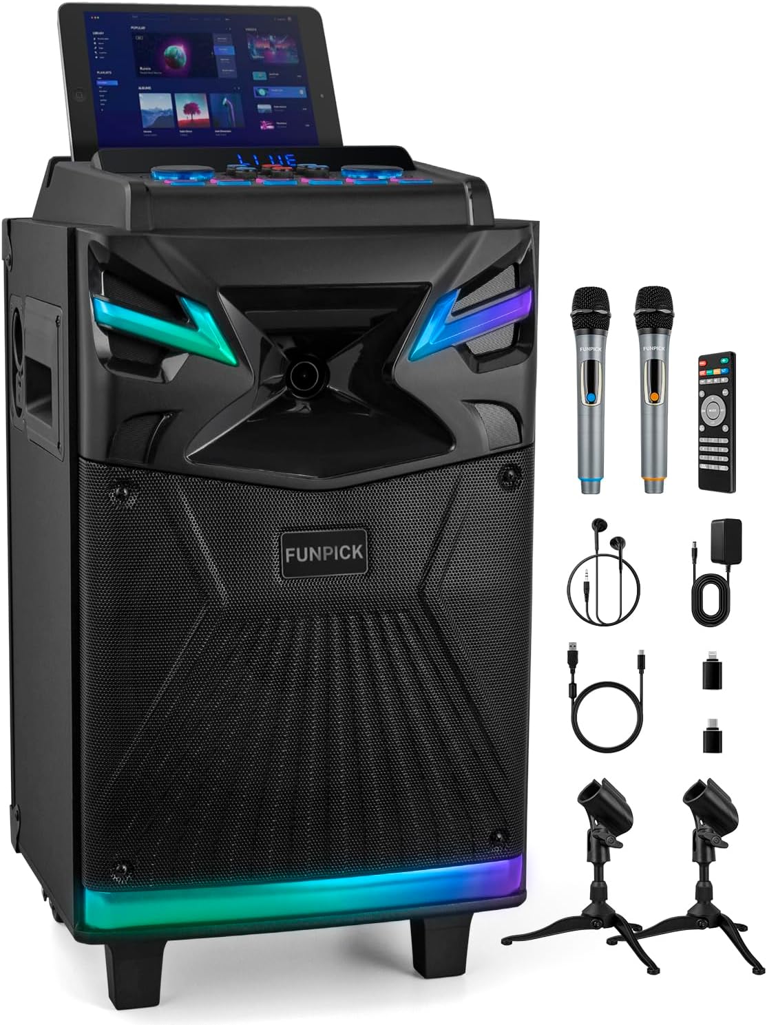 Karaoke Machine for Adults, Bluetooth 10" Speaker with Wireless Microphones, USB-C for Live-Streaming/TikTok, Sound Effect/DJ Lights/FM/REC for TV/Projector, Perfect for Parties, Meetings