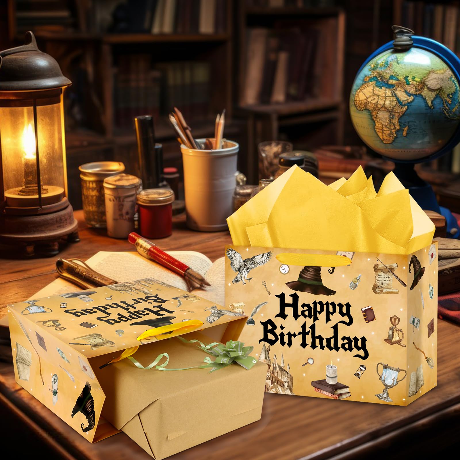 Abilat Large Wizard Birthday Gift Bag with Tissue Paper and Greeting Card Reusable Magical Hat Party Favor Wrapping Bag for Kids Boys Girls Wizard Themed Birthday Decorations Halloween Party Supplies