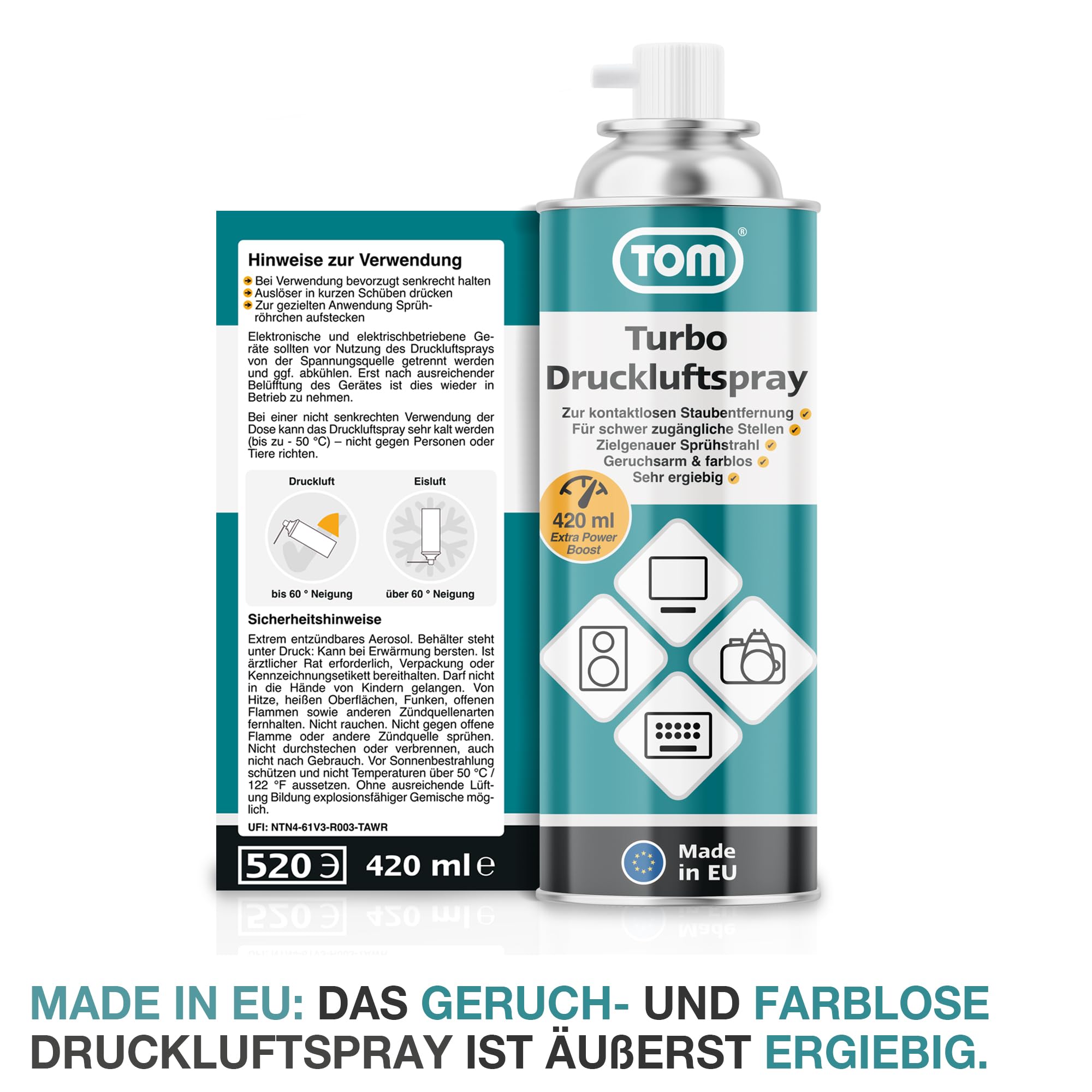 TOM 3 x oder 6 x 420 ml Power Druckluftspray – Air Duster – Reinigungsset mit 10 cm & 50 cm Sprühverlängerung – Druckluft aus der Dose – Reiniger für Tastatur, Laptop, Computer & co (6)