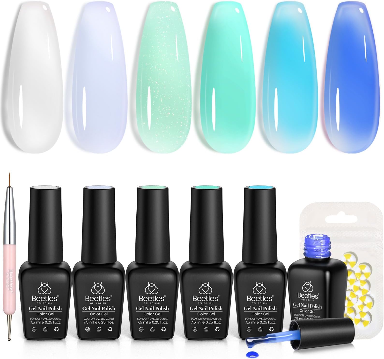 Beetles Blue Gel Nail Polish Set - 6 Colors Summer Jelly Gel Polish Kit Milky White Blue Green Turquoise Shimmer Translucent Sheer Effect Soak off UV Bubble Splash Series Gift for Women