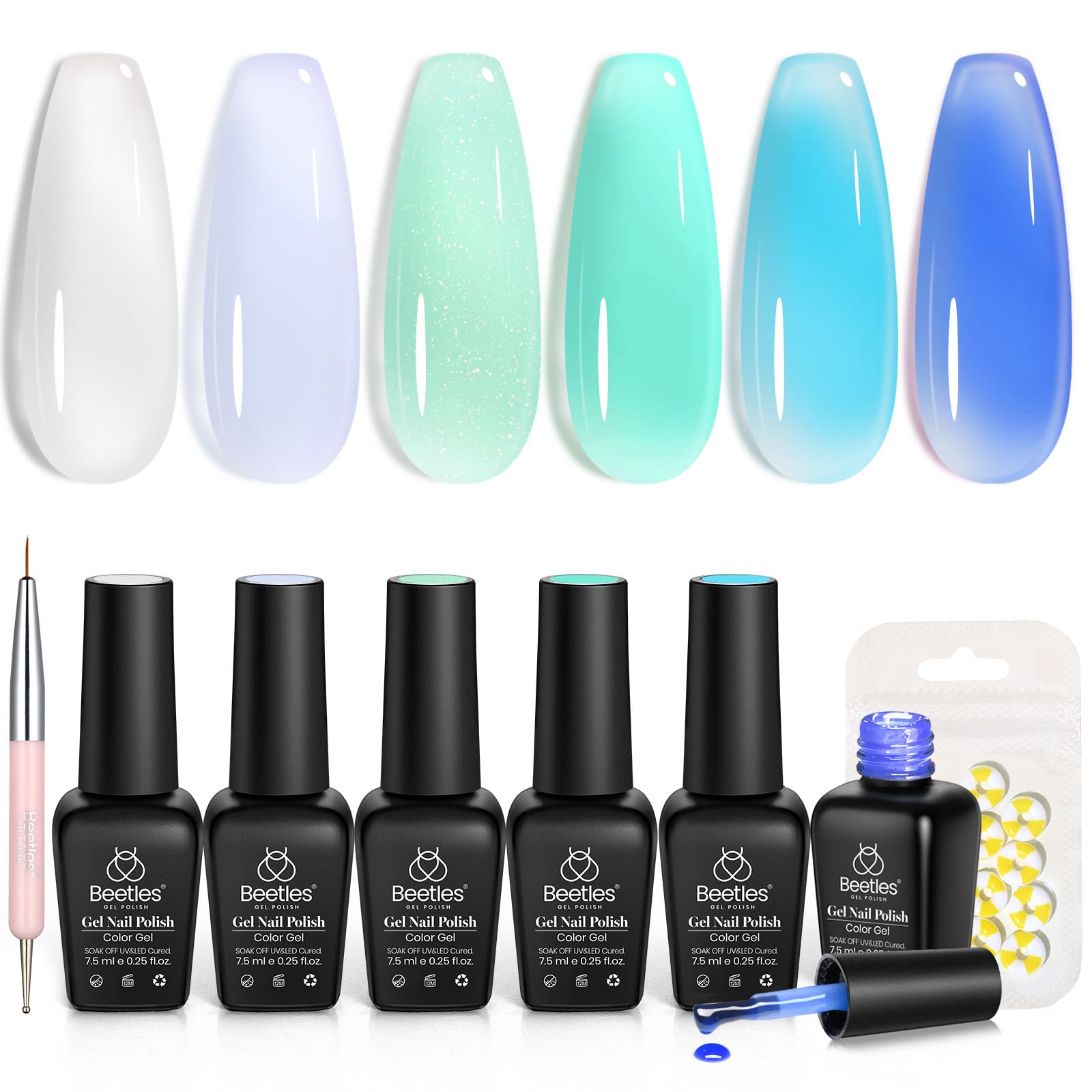 Beetles Jelly Gel Nail Polish Set, 6 Summer Colors Milky White Blue Green Turquoise Shimmer Translucent Sheer Color Gel Polish Kit Soak off Uv Nail Concealer Bubble Splash Series Gift for Women