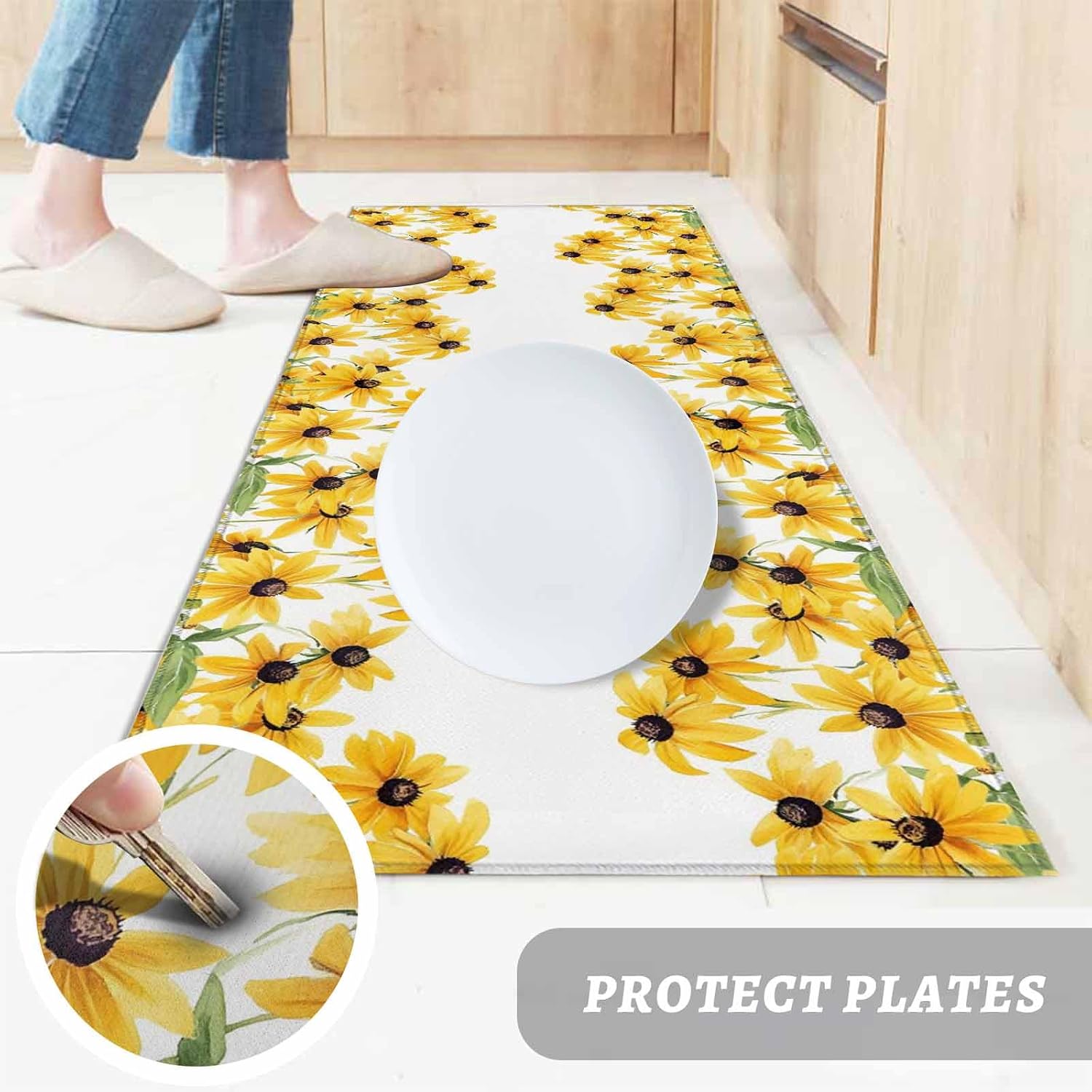 Kitchen Mats for Floor Summer Daisy Wild Flower Washable Non Slip Kitchen Rugs 2PCS, Farmhouse Floral Leaves Absorbent Standing Mats for Sink Bathroom Office Living Room 15.7x23.6in+15.7x47.2in
