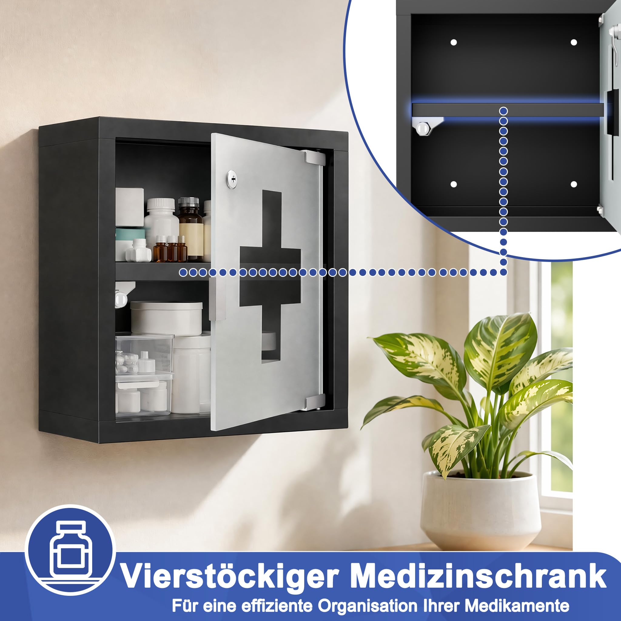 LARS360 Botiquín de acero inoxidable con cerradura para pared, 2 compartimentos, color negro