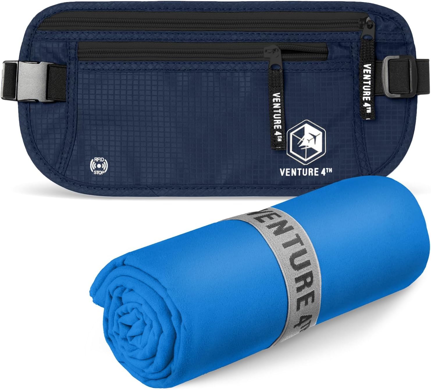 VENTURE 4TH Travel Money Belt & Quick Dry Towel Set - Ideal Travel Bundle for Vacations, Backpacking and Business Trips - Travel Towel Size XL