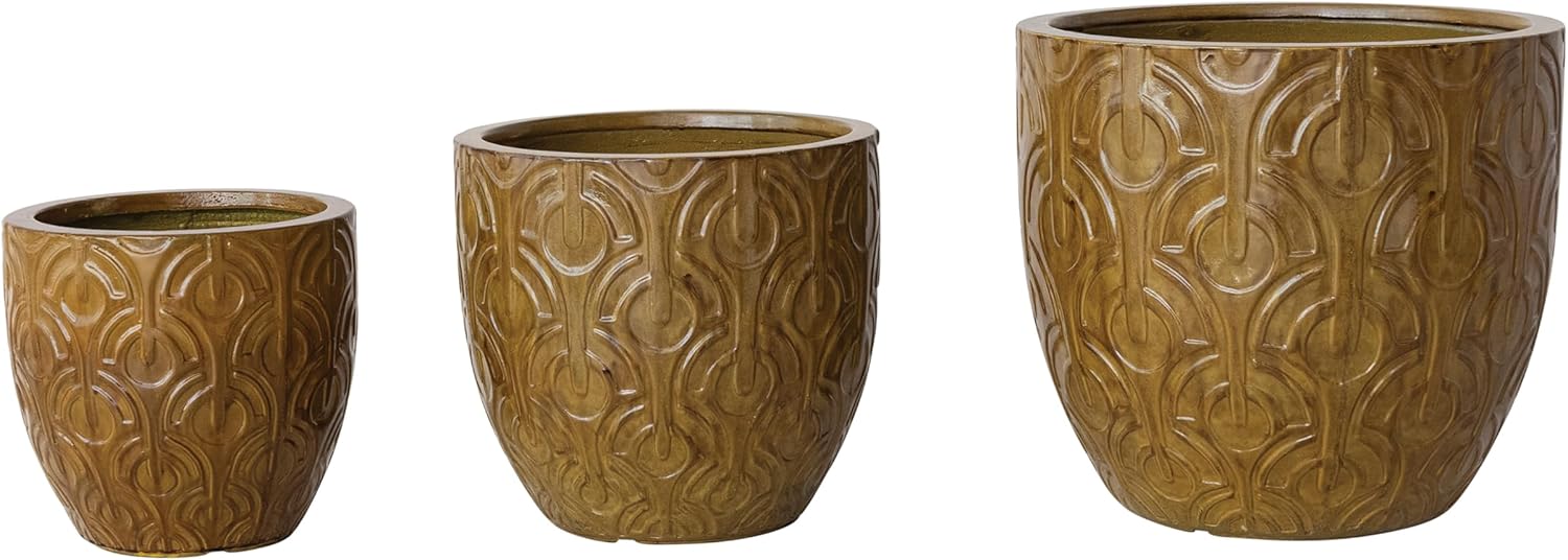 Creative Co-Op 3-Piece Embossed Lightweight Eco Stone Round Indoor/Outdoor Planter Set with Drainage Holes, Mustard Color
