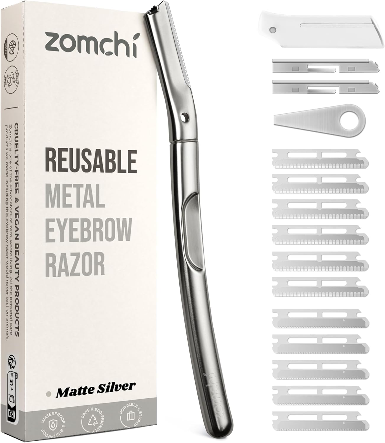 ZOMCHI Wenkbrauwscheerapparaat en gezichtsscheerapparaat voor vrouwen en mannen, herbruikbare metalen handgreep met 11 navulmessen, beschermende siliconen kap, wenkbrauwhaartrimmer, mat zilver