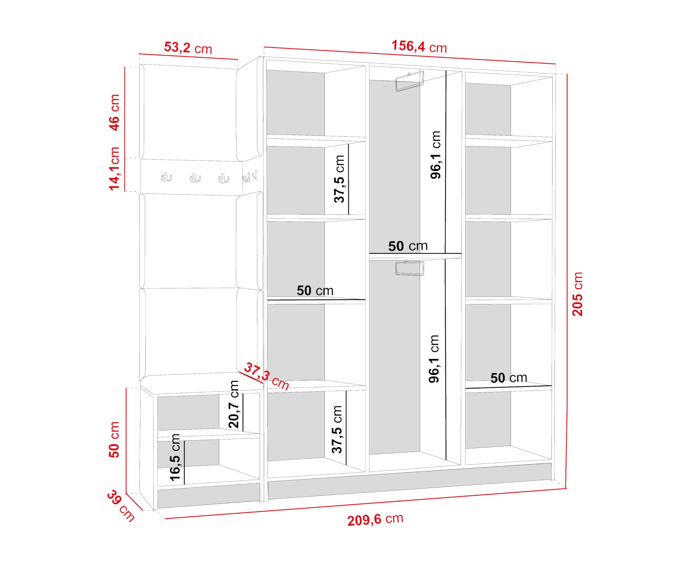 KIER FURNITURE Garderobenschrank Eden 209,6 cm - Modern Flurgarderobe - Flurschrank mit Schuhschrank - Flurgarderoben Set - Garderobe mit Sitzbank Craft Eiche & Grau 209,6 x 205 x 39 cm