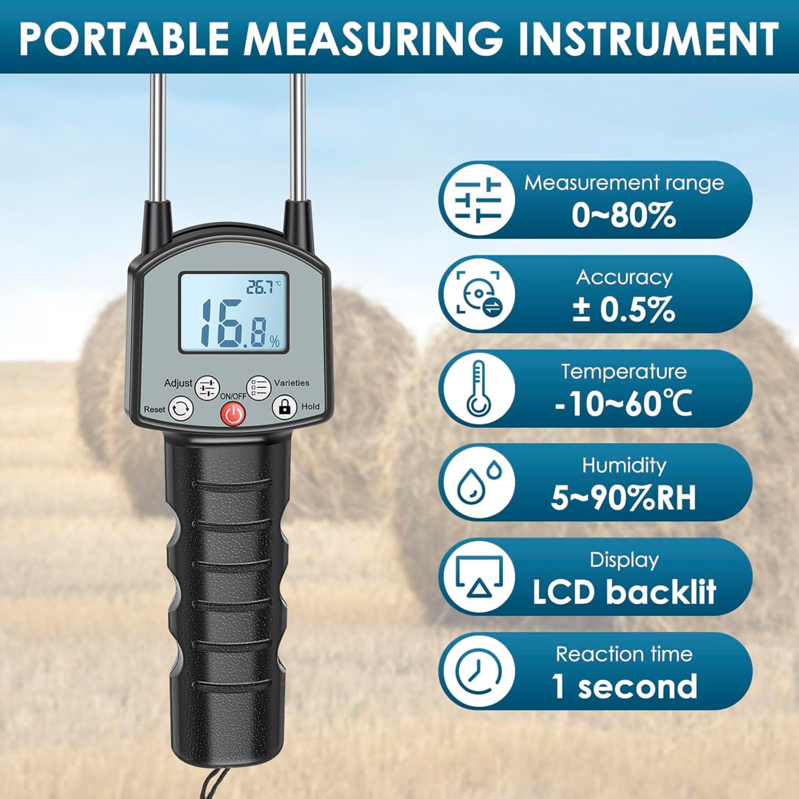 Medidor De Humedad De Heno De Alta Precisión con Sonda, Dispositivo Digital Portátil, Rápido Y Exacto para Pacas De Hierba, Alfalfa Y Pasto De Huerto