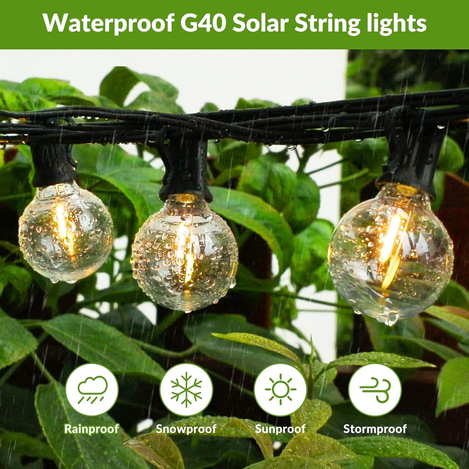 30 m lange G40 Solar-Lichterkette, Globus-Außen-Lichterkette mit 36 E12 wasserdichten LED-Leuchtmitteln, 2700 K bruchsichere Terrassenlichter, solarbetriebene Hängeleuchten