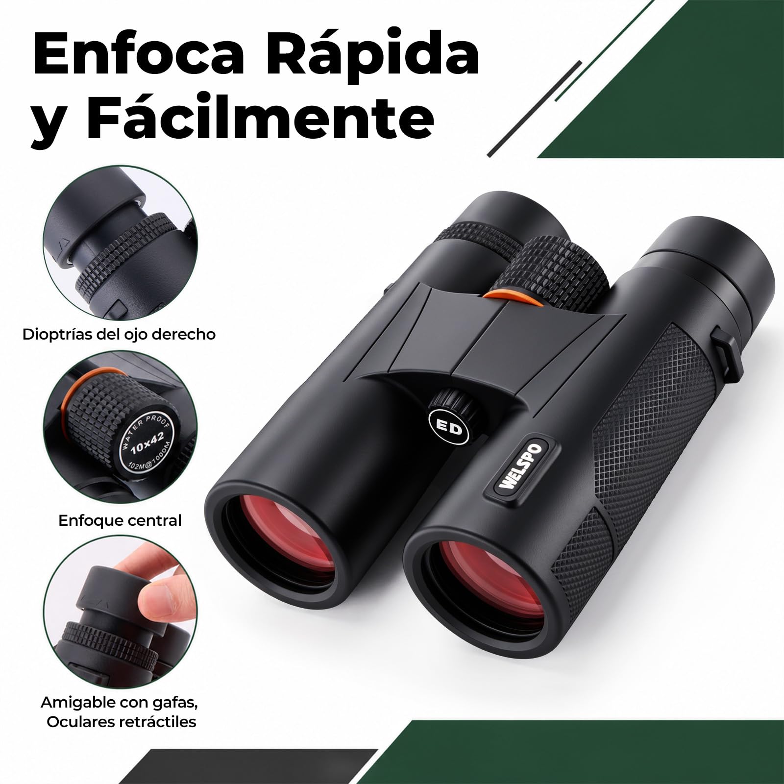 WELSPO Prismáticos 10x42 con Vidrio ED y Prisma BAK4, FMC, IPX7, 2.5m | Imagen Nítida y Brillante en Condiciones de Poca Luz, para Observación de Aves, Senderismo, Caza y Deportes al Aire Libre