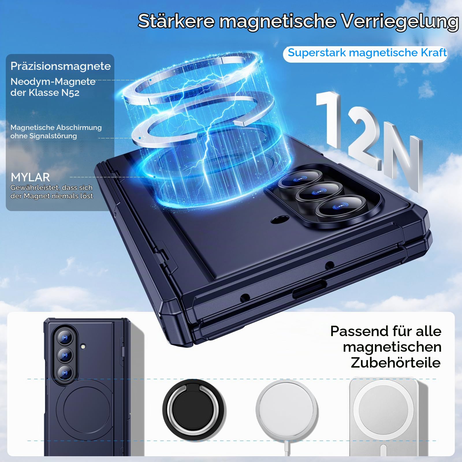 für Samsung Galaxy Z-Fold-7 Magnet Hülle: Dualer Ständer Horizontal & Vertikal, Kompatibel mit MagSafe, Anti-Spy Display Schutz, Robuster Scharnierschutz, Hochwertige ZFold 7 Handyhülle, Blau