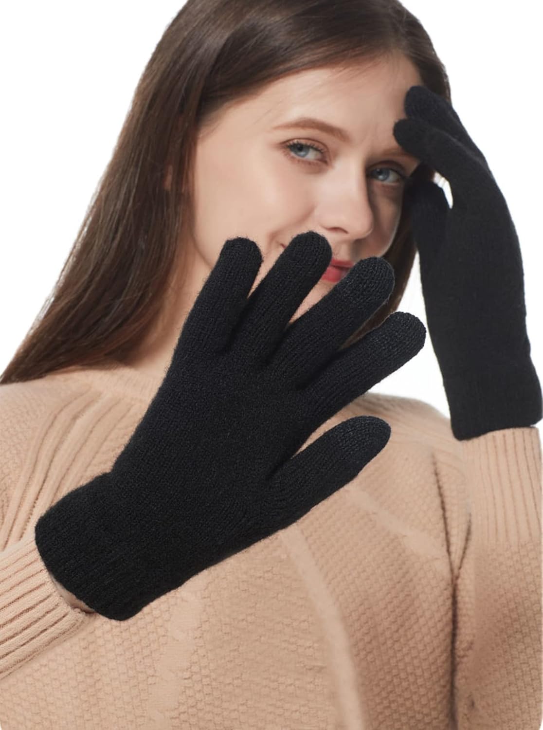 Tomily Women Winter Knit Gloves Warm Touchscreen Gloves Windproof Dual-layer Elastic with Thermal Fleece Lining