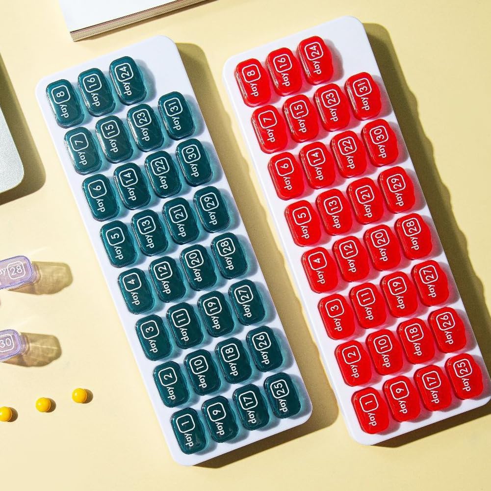 Pilulier 31 jours, grande capacité mensuel amovible pour médicaments, 1 jour et 1 fois, support de supplément d'huile de poisson et de vitamines, rappel de date (bleu, 4)