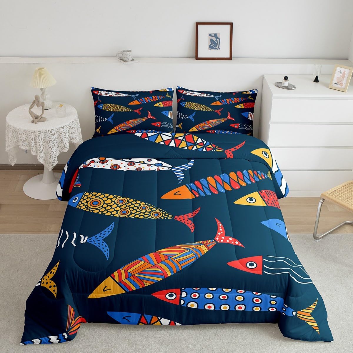 Sea Animal Comforter Set Queen, Aztec Rainbow Fish Bedding Set, Tribal Colorful Fish Bedding Comforter Sets, Geometric Ocean Life Down Comforter, Kawaii Cartoon Fish Duvet Insert with 2 Pillow Cases