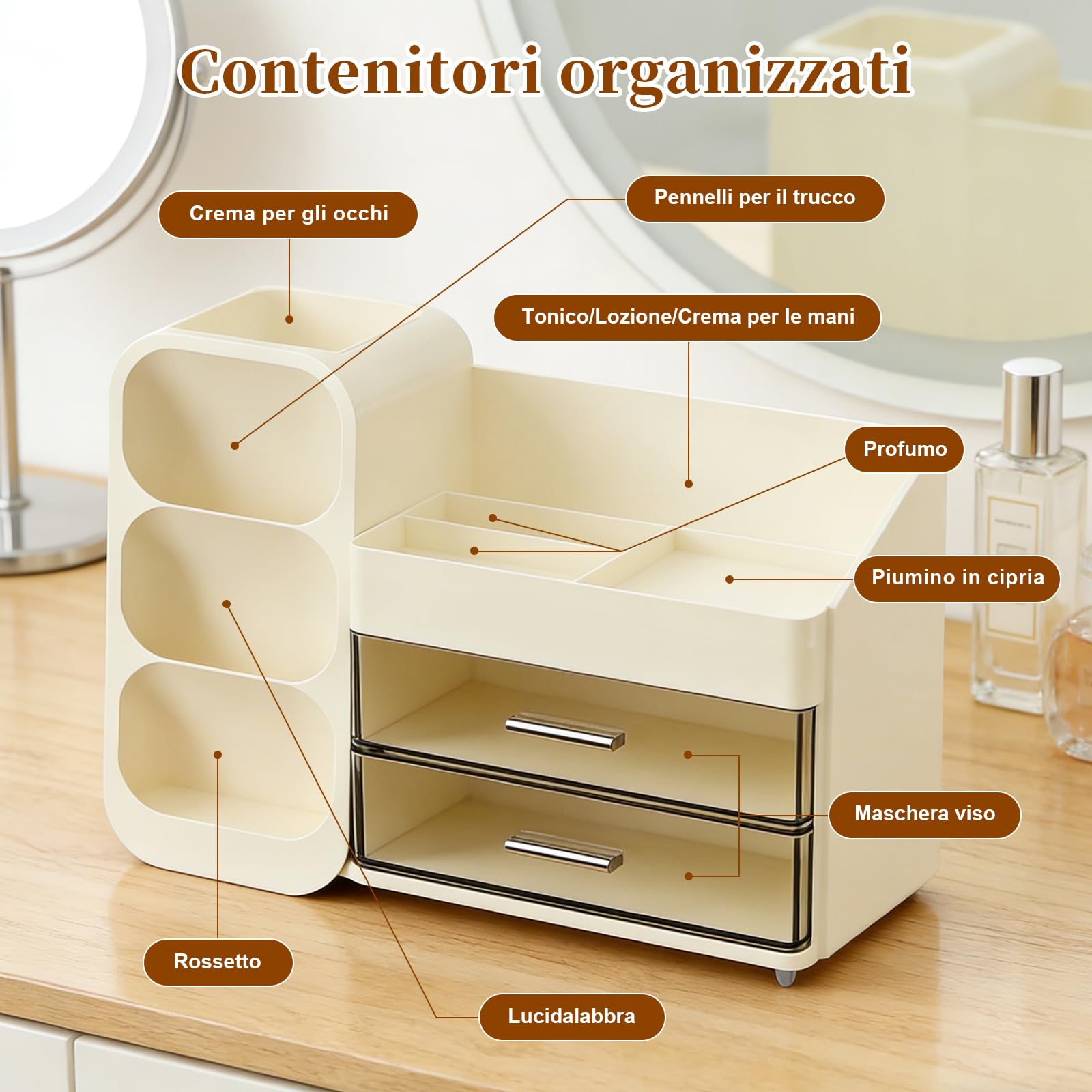 Organizzatore per Trucchi con 2 Cassetti, Organizzatore Multifunzione 3 in 1, Organizzatore per Toeletta, Bagno e Camera da Letto, Bianco Latteo