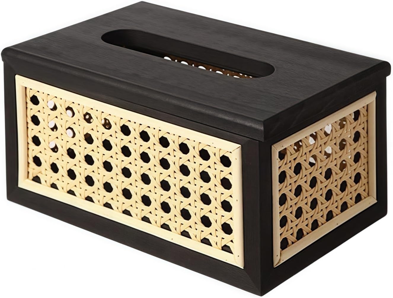 Rectangular Wood Facial Tissue Holder Immitation Rattan Tissue Box Cover Rustic Napkin Holder Farmhouse Tissue Dispenser Wooden Tissue Case for Home/Office/Car Decoration (Black)