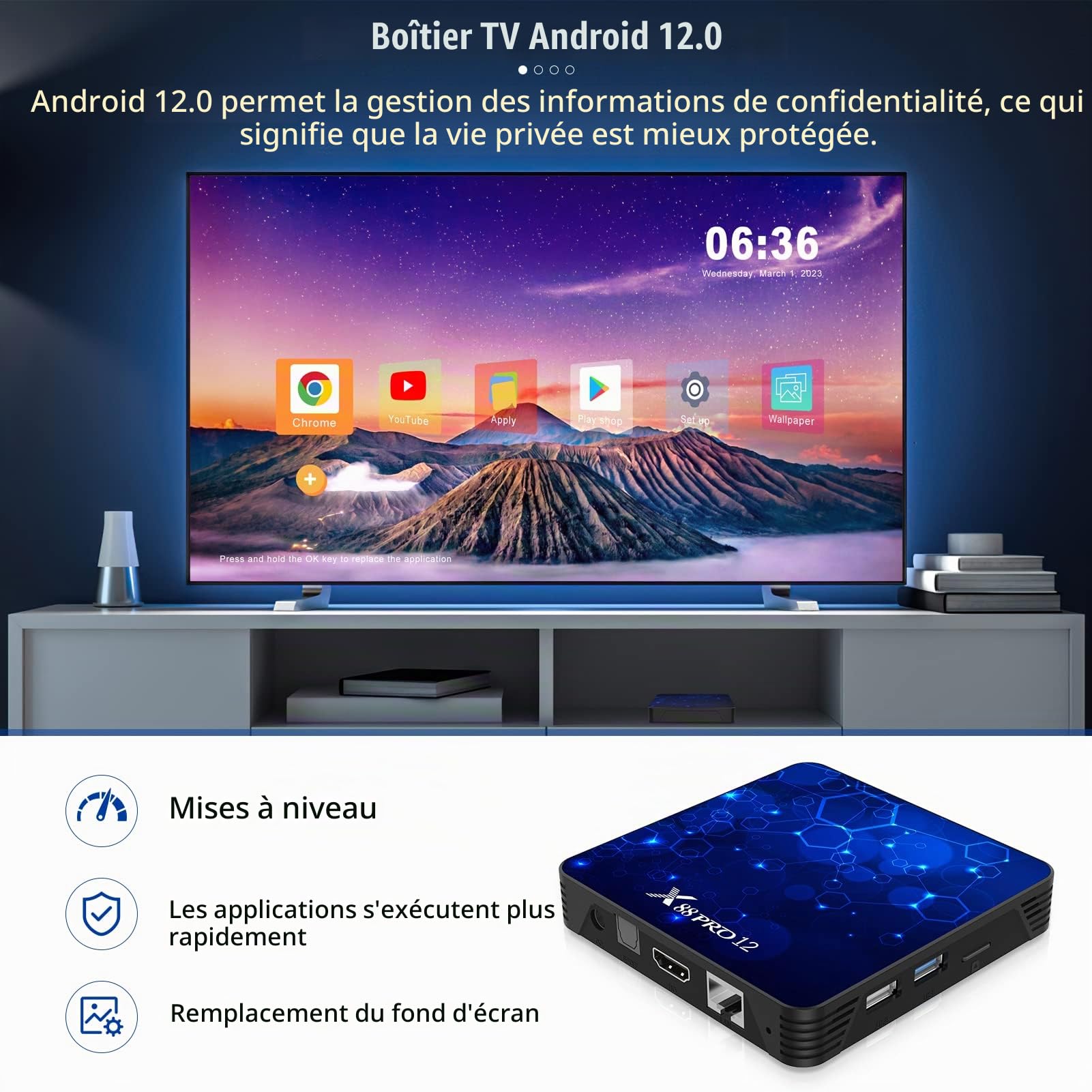Boîtier TV Android 12.0, Box TV 4GB RAM 32GB ROM RK3318 Quad-Core 64bit Cortex-A53 Supporto 2.4G/5G WiFi 6 Bluetooth 5.0 Risoluzione UHD 4K/3D Porta USB 3.0 TV Box Android