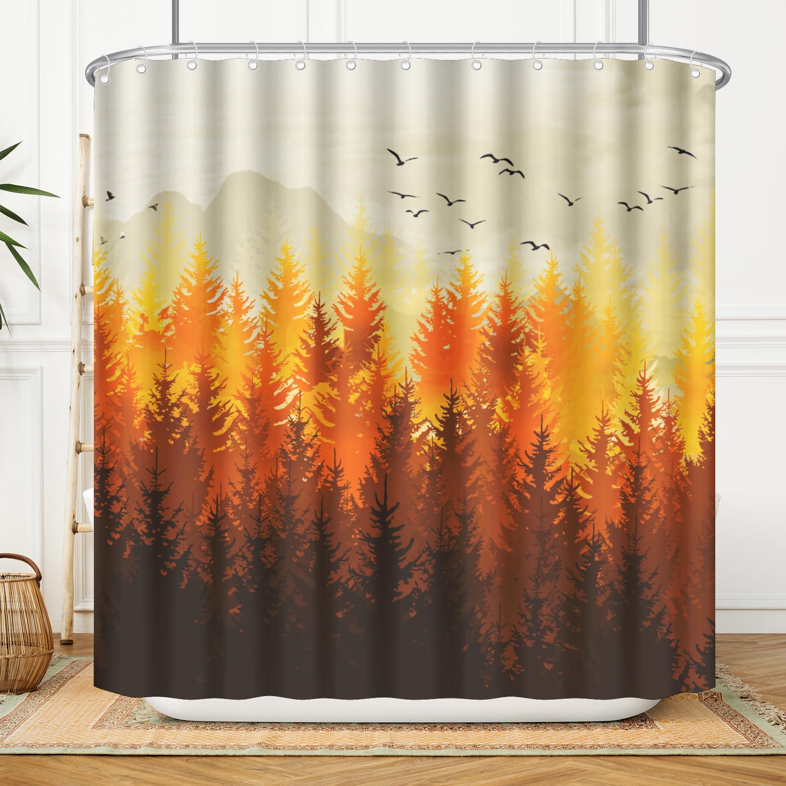 Mweet Fall Shower Curtain Set with Hooks 72x72 Inch,Autumn Foggy Forest Woodland Mountain Waterproof Fabric Bath Curtains Liner,Orange Seasonal