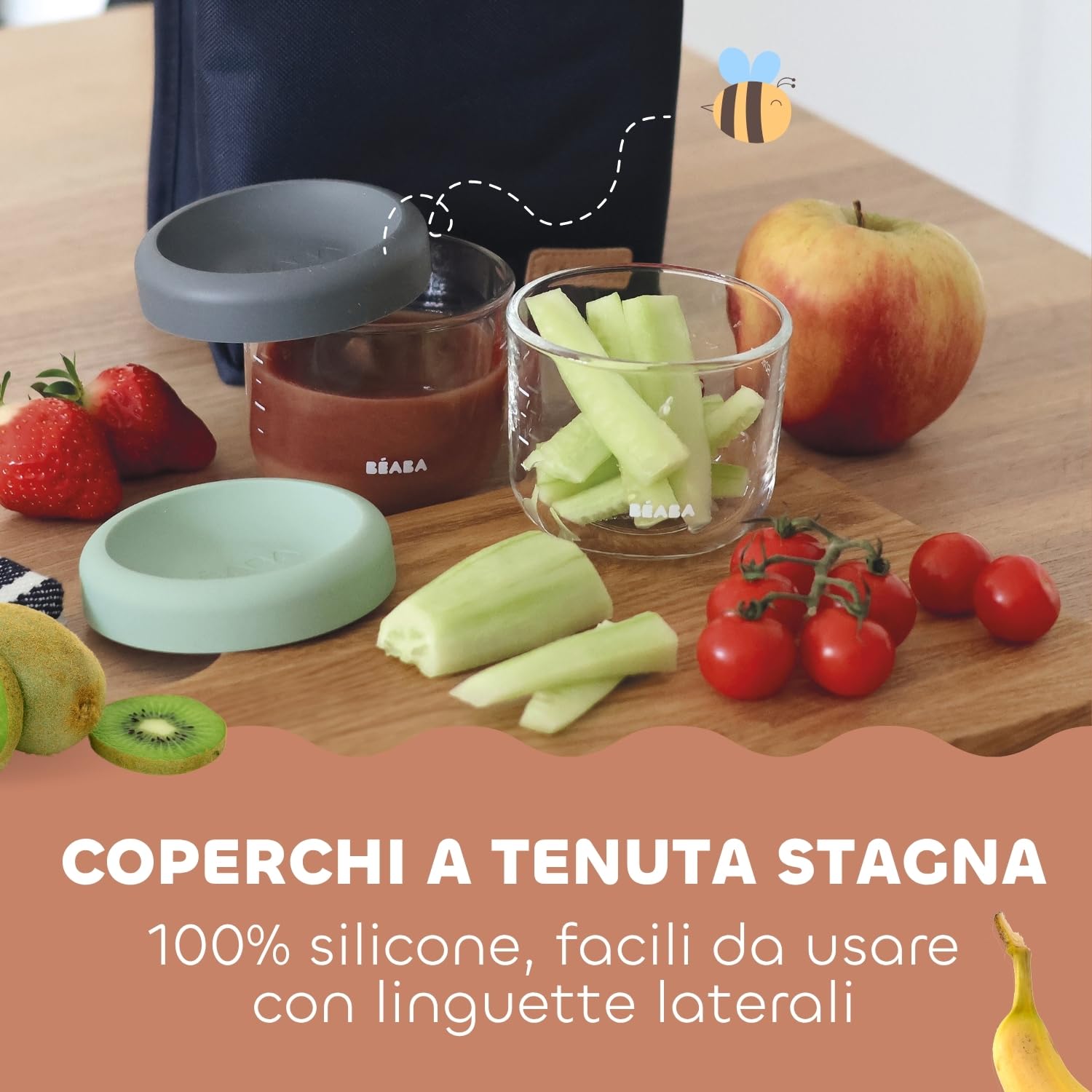BÉABA, Set 10 Contenitori in Vetro per la Conservazione dei Pasti del Bambino/Vetro Resistente, 100% Ermetici, Resistenti Caldo Freddo, Congelamento, Sterilizzazione, Graduati, 250 ml, Natural Colors