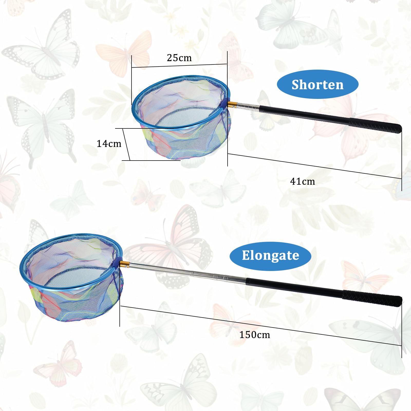 CONNECTION Filet Papillon 41-150 cm Filet de Pêche Extensible Epuisette Enfant avec Manche Télescopique Epuisette Peche pour Enfants Activités De Extérieur Plage Pêche Insectes Étang Jardin Piscine