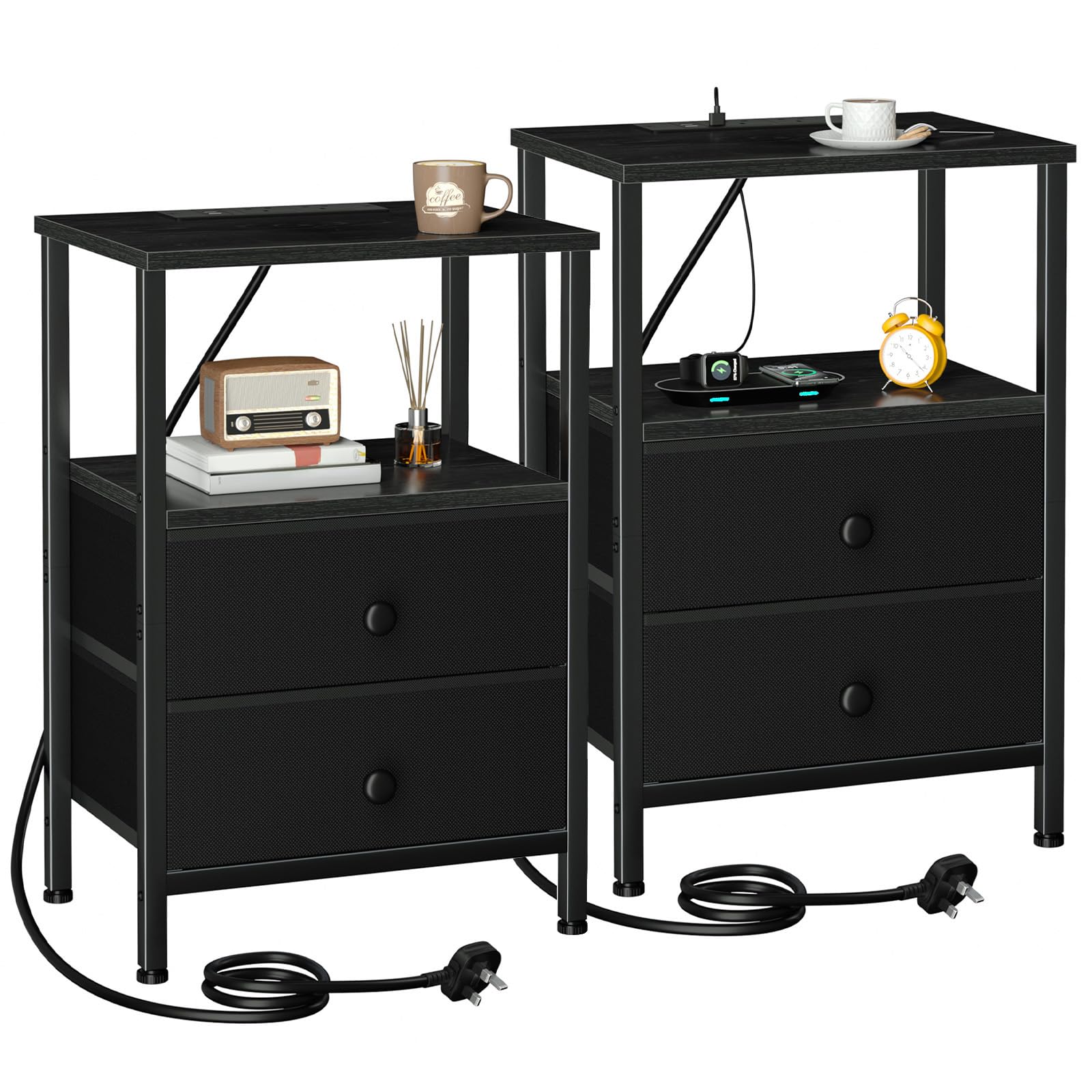 AMHANCIBLE Bedside Table Set of 2 with Charging Station, Nightstand with 2 Fabric Drawers, Small Side Table with Open Storage Shelf, Bedside Cabinets for Living Room, Bedroom, Black UHETS020BK โ image 1