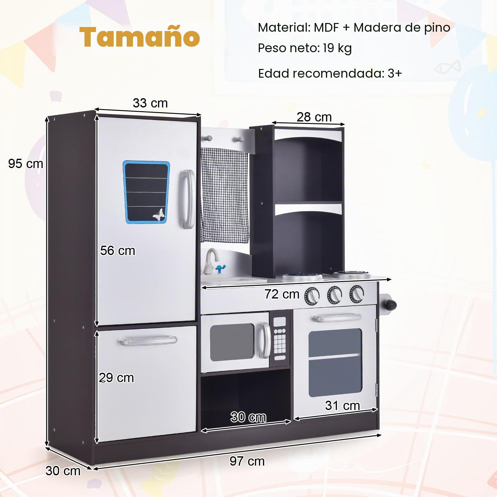 RELAX4LIFE Cocina Juguete de Madera para Niños, Cocinita Infantil con Horno, Microondas, Estufa, Nevera, Accesorios Realistas, 2 Estantes, Cocina Infantil para Niños 3+ Años
