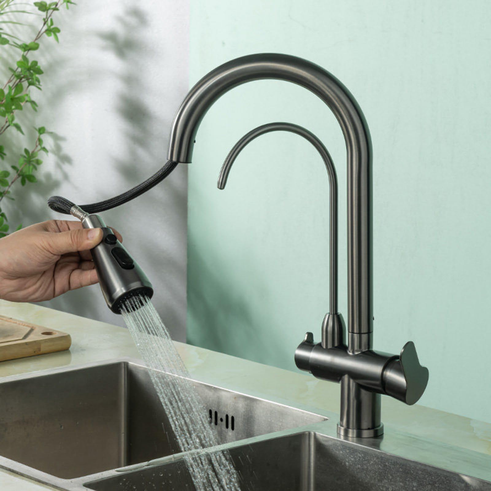 Generico Rubinetto da Cucina 3 Vie Estraibile in Acciaio Inox Girevole 360° per Acqua Pura Calda E Fredda con Filtro Colore Grigio