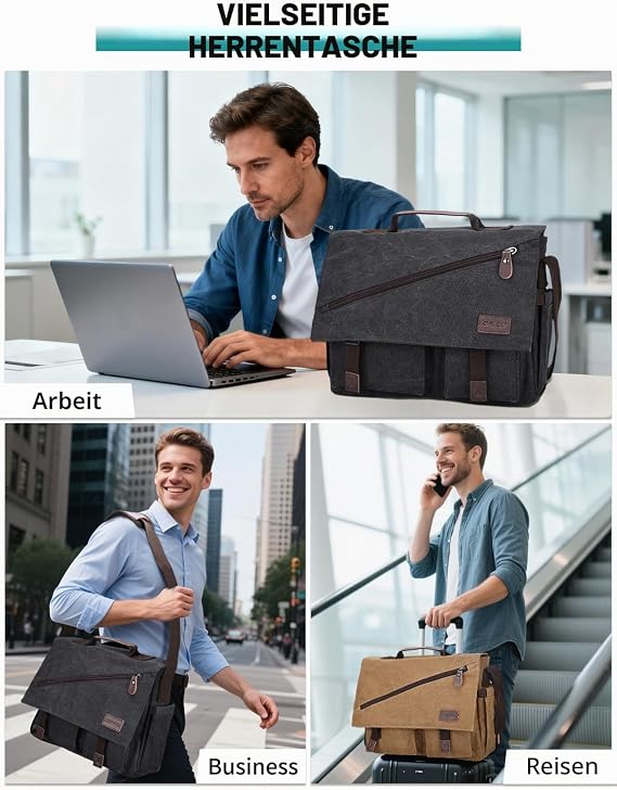 Mens Messenger Bag15.6 Inch Water Resistant Canvas Satchel Casual Laptop Shoulder Bag Briefcase Crossbody Daybag Vintage Bookbag by RAVUO Black