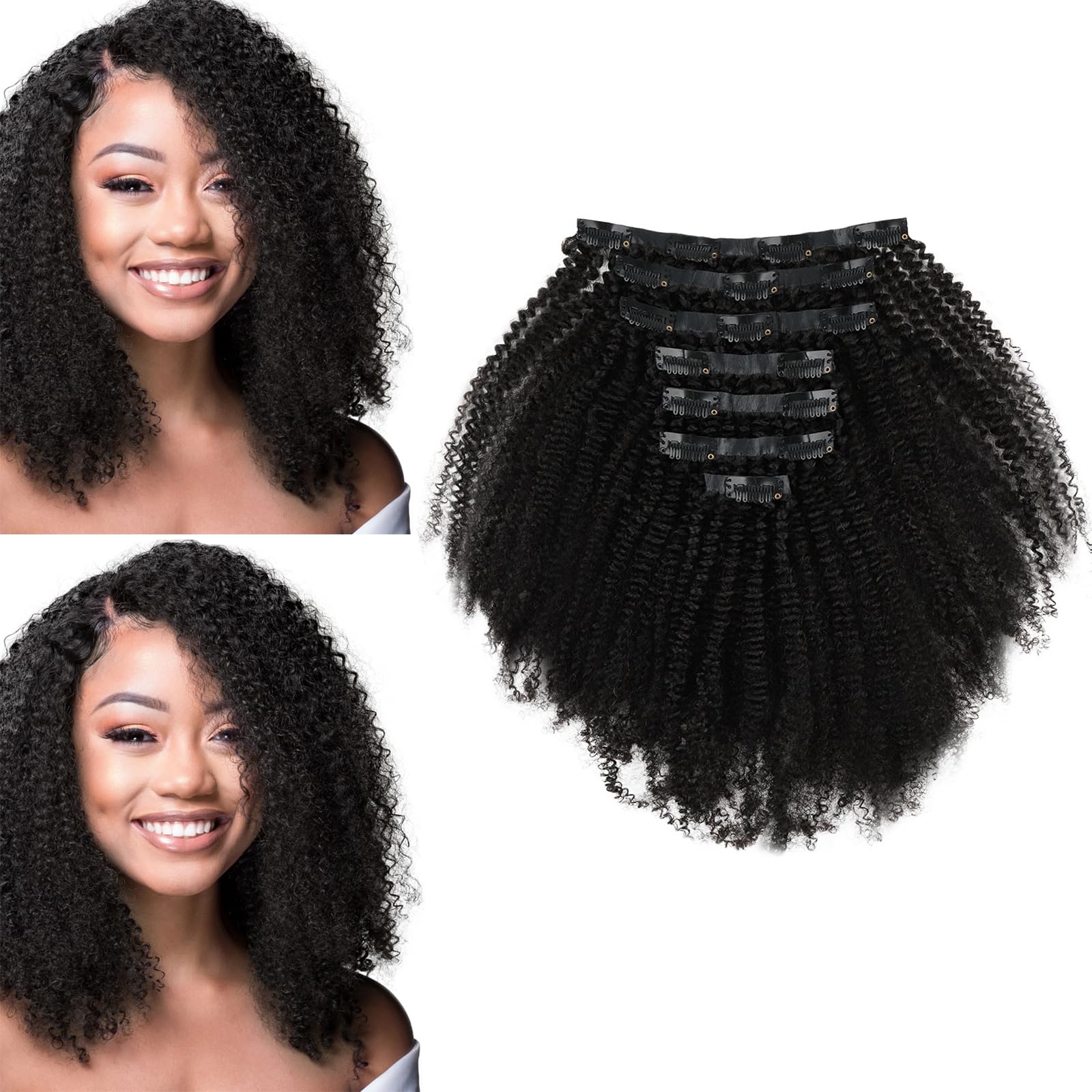 Sassina Seamless Afro Curly Clip in Remy Human Hair Extensions Double Weft Brazilian Virgin Human Hair Natural Black Clip in Hair Extensions for Black