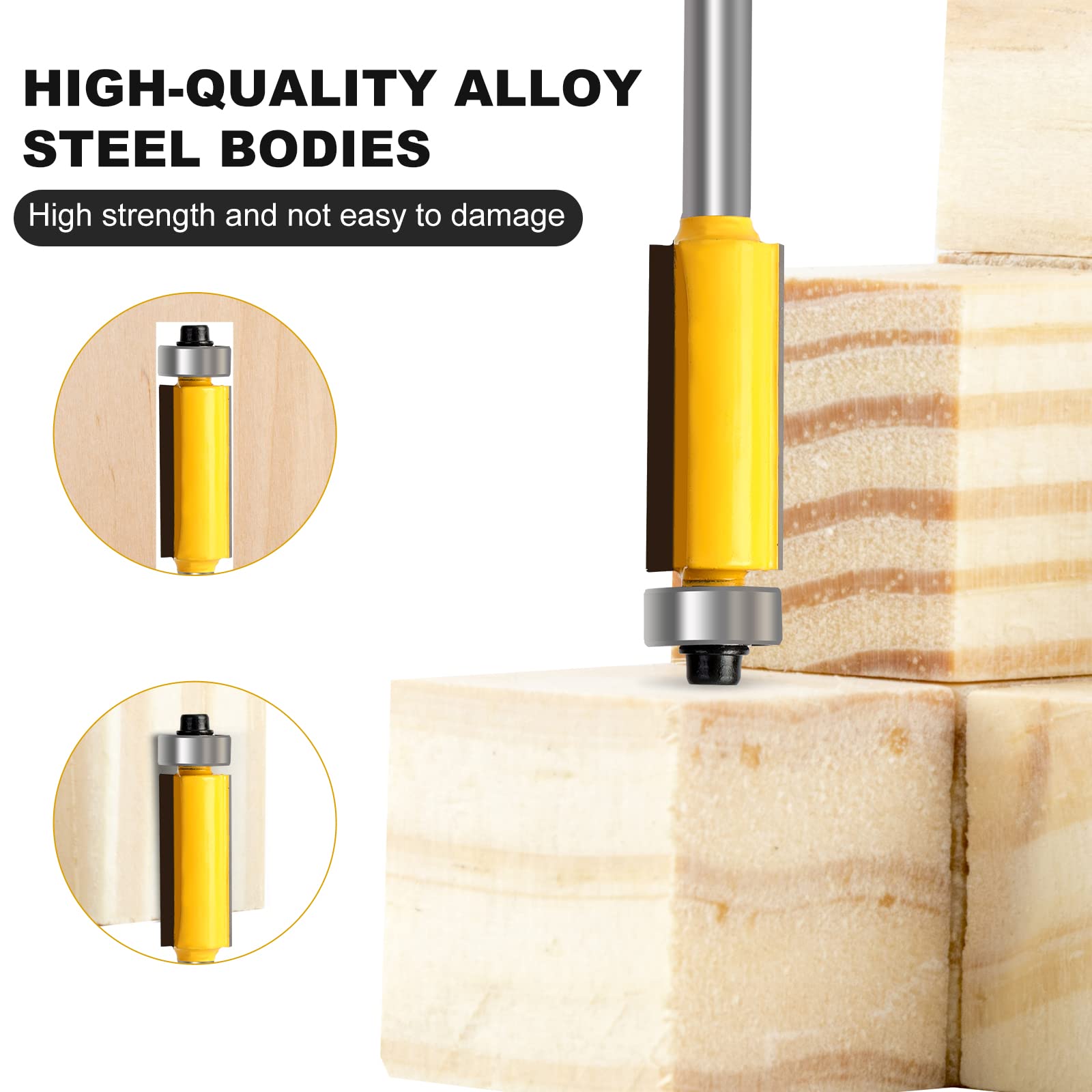 Zhongji Flush Trim Router Bit Set, Top Bearing, 1/4 Shank, 4 Sizes (1/4”, 5/16”, 3/8”, 1/2”), 4PCS, Flush Trim Router Bit - Image 3