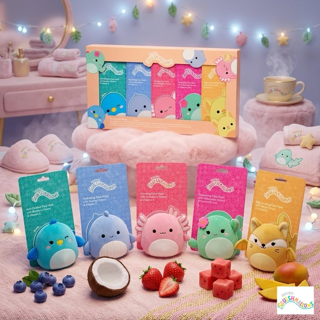 5-częściowy zestaw maseczek do twarzy Squishmallows - kokos, truskawka, mango, jagoda i arbuz, idealne na nocowanie dla dziewcząt lub zabawne piżamy.