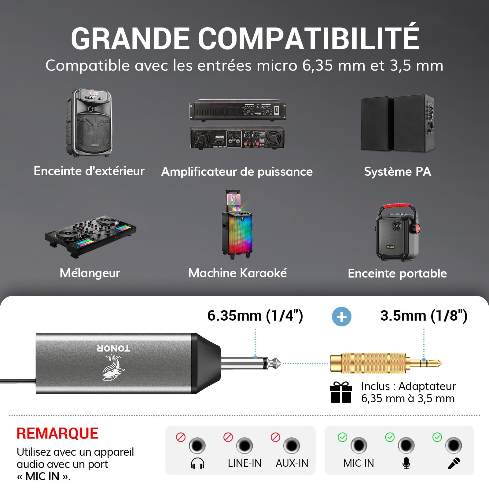 TONOR Microphone sans Fil Rechargeable Professionnel, Micro Dynamique en Métal 2x100 UHF, 80 M Range, TW520