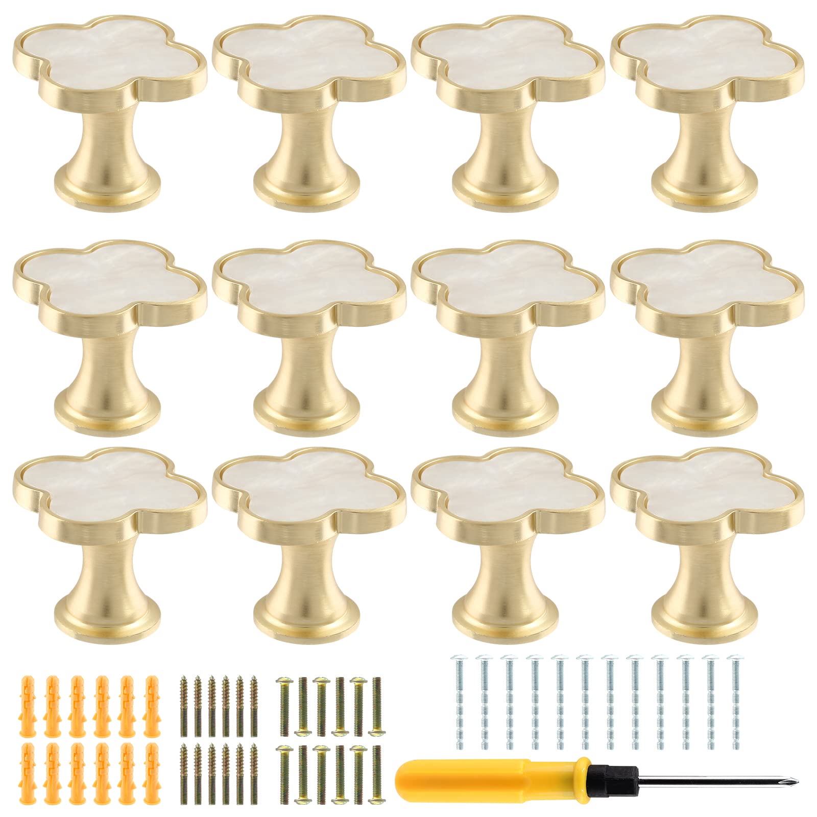 Cionyce 12 Pack Clover Cabinet Knobs Zinc Alloy Single Hole Pulls,Four-Leaf Clover Drawer Handles for Dresser,Wardrobe,Vanity(12pcs,White)