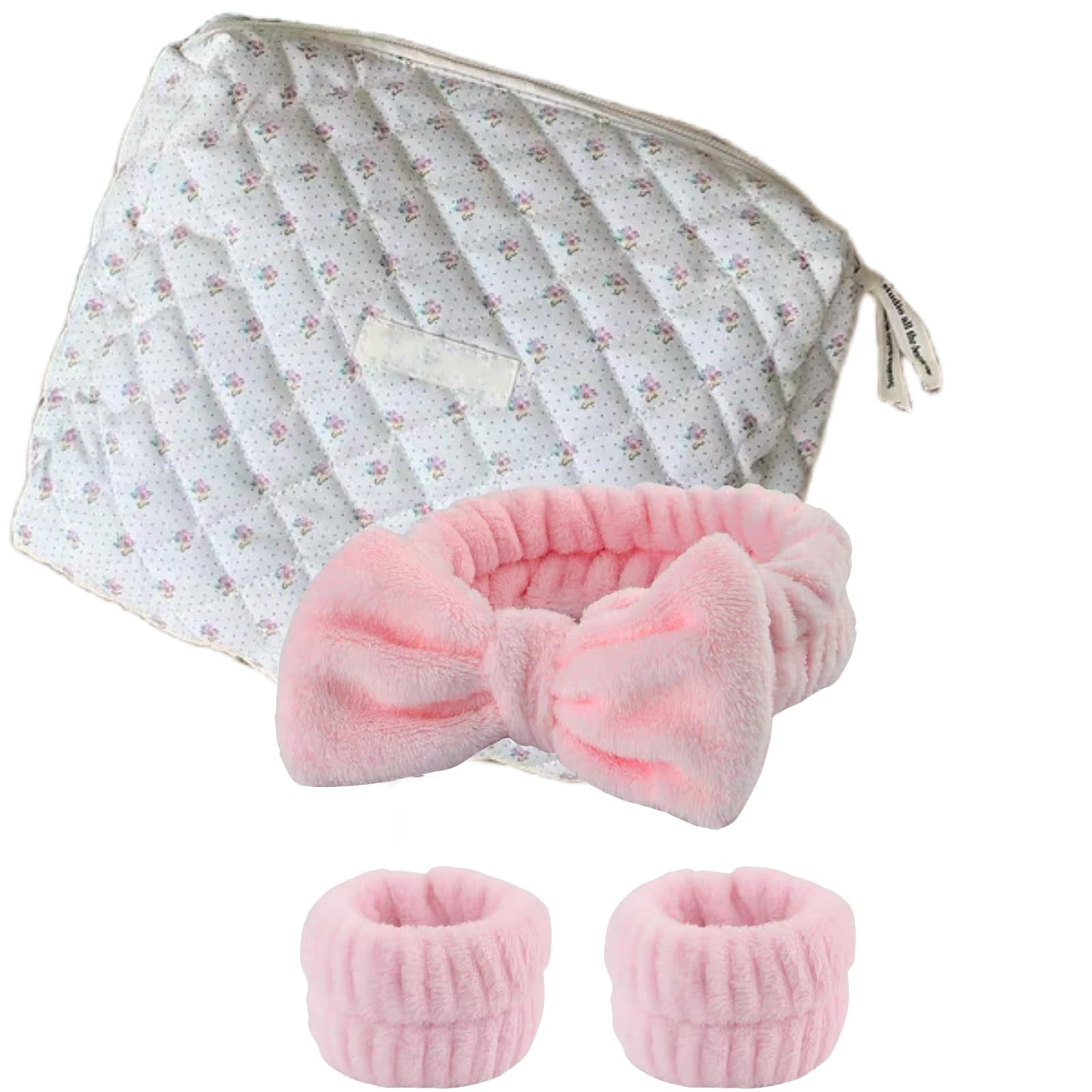 YOOLOVE 2Pcs Makeup Bag Gift for Girls Women, Large Quilted Cosmetic Bags, Cute Puffer Travel Toiletry Pouch Purse for Brush Organizer (Quilted-floral)