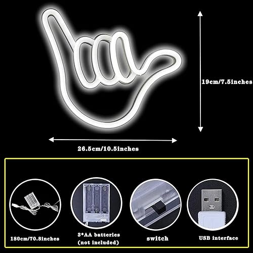 Miniatura 4 de ENUOLI Shaka Hand - Letreros de neón para colgar sueltos, luz LED de neón para decoración de pared, lámparas nocturnas alimentadas por USBbatería,