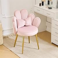 VINGLI Pink Velvet Petal Vanity Chair with Back & Bow Pillow - Cute Ergonomic Girls Desk Chair, No Wheels, Adjustable Gold Legs for Bedroom Office