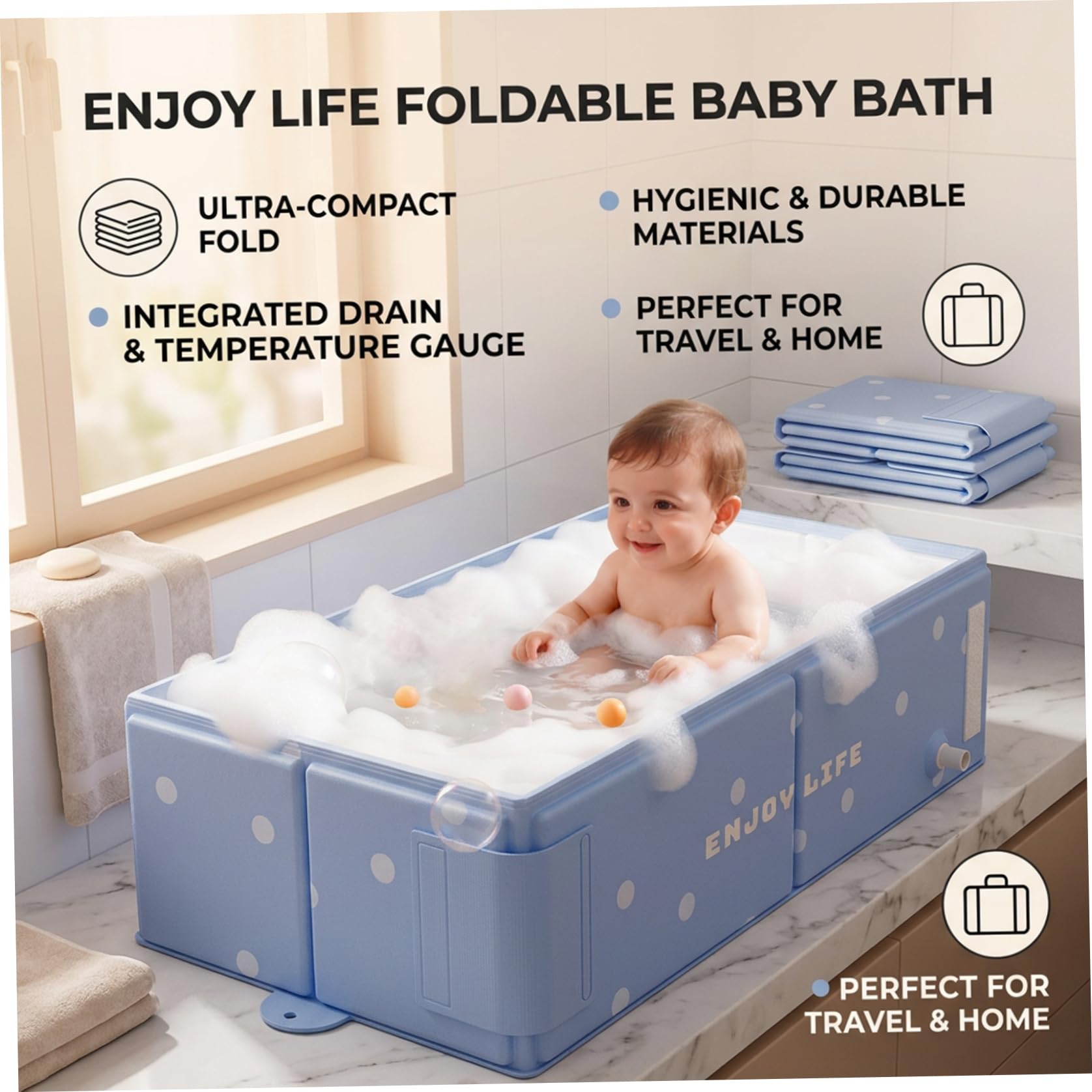 Vaschetta da bagno pieghevole per neonati, vasca da bagno pieghevole per neonati con supporto ergonomico per e bambini piccoli, vasca da portatile salvaspazio, blu, per bambi