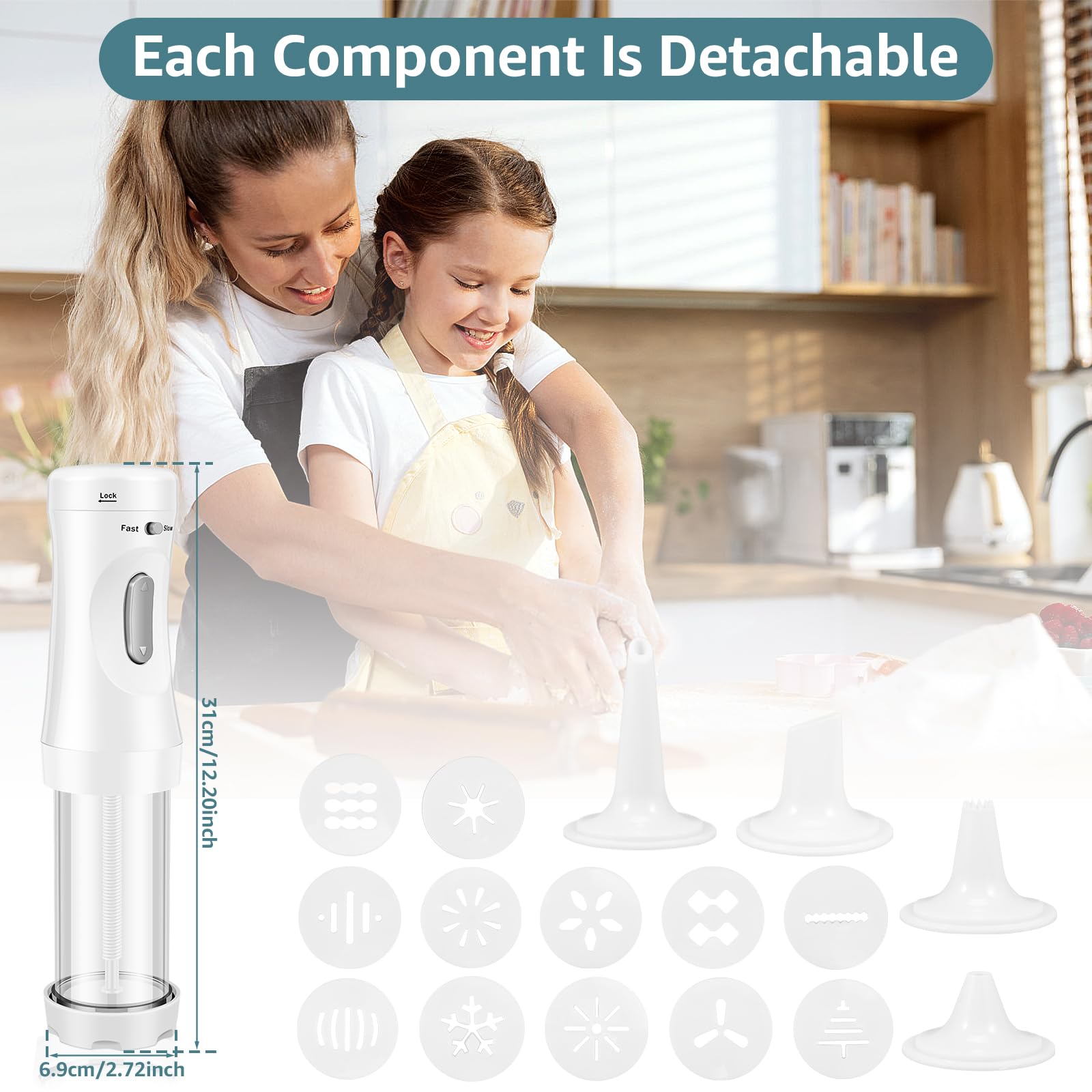 Electric Cookie Press Decorating Kit – DIY Cookie Maker Set with 12 Discs & 4 Icing Nozzles, Detachable Biscuit Maker Machine for Easy Cookie Decorating