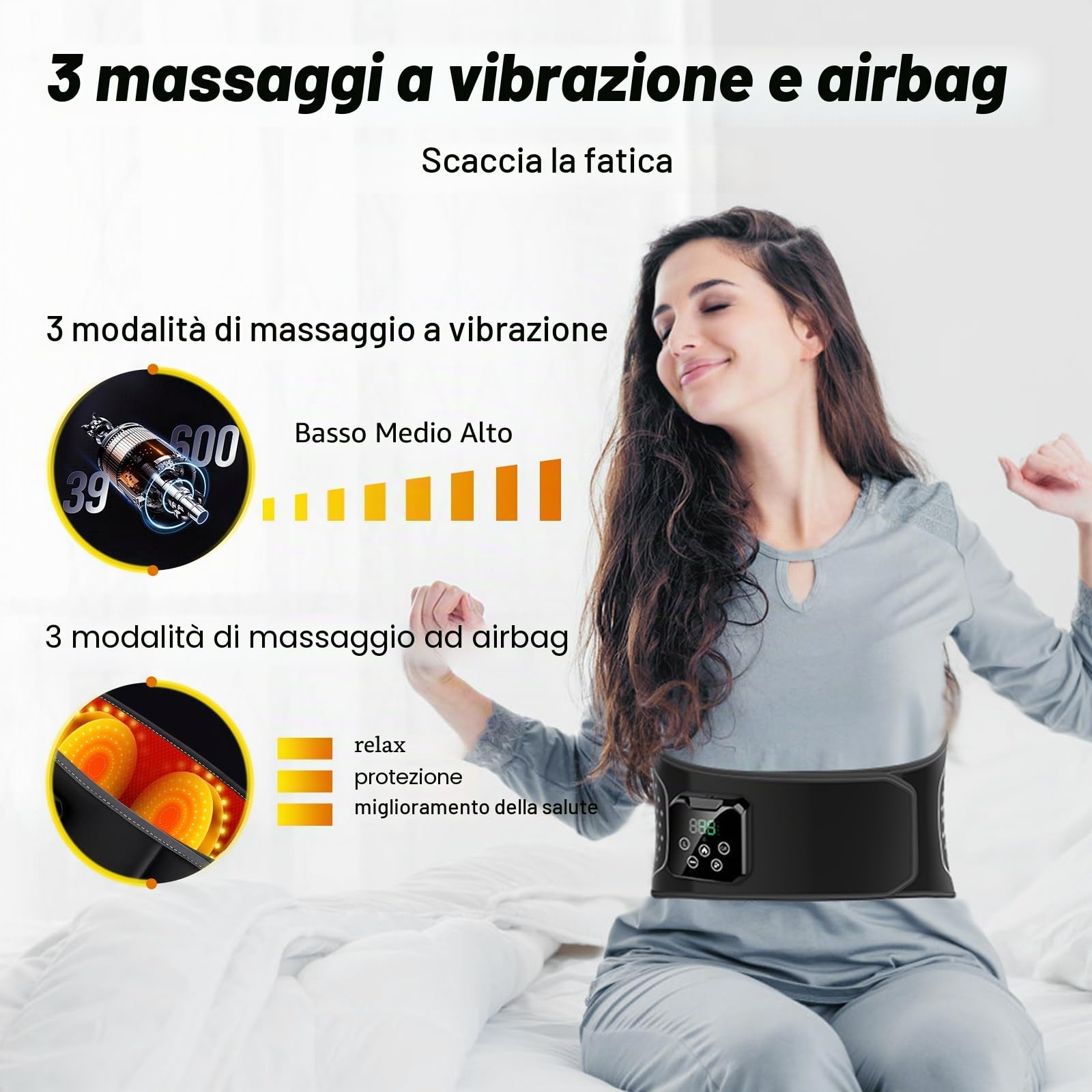 Cintura Massaggiante Lombare Senza Fili con Calore – Cuscino Termico Elettrico con 3 Modalità di Massaggio ad Aria e 4 Livelli Temperatura per Alleviare il Mal di Schiena e la Sciatica