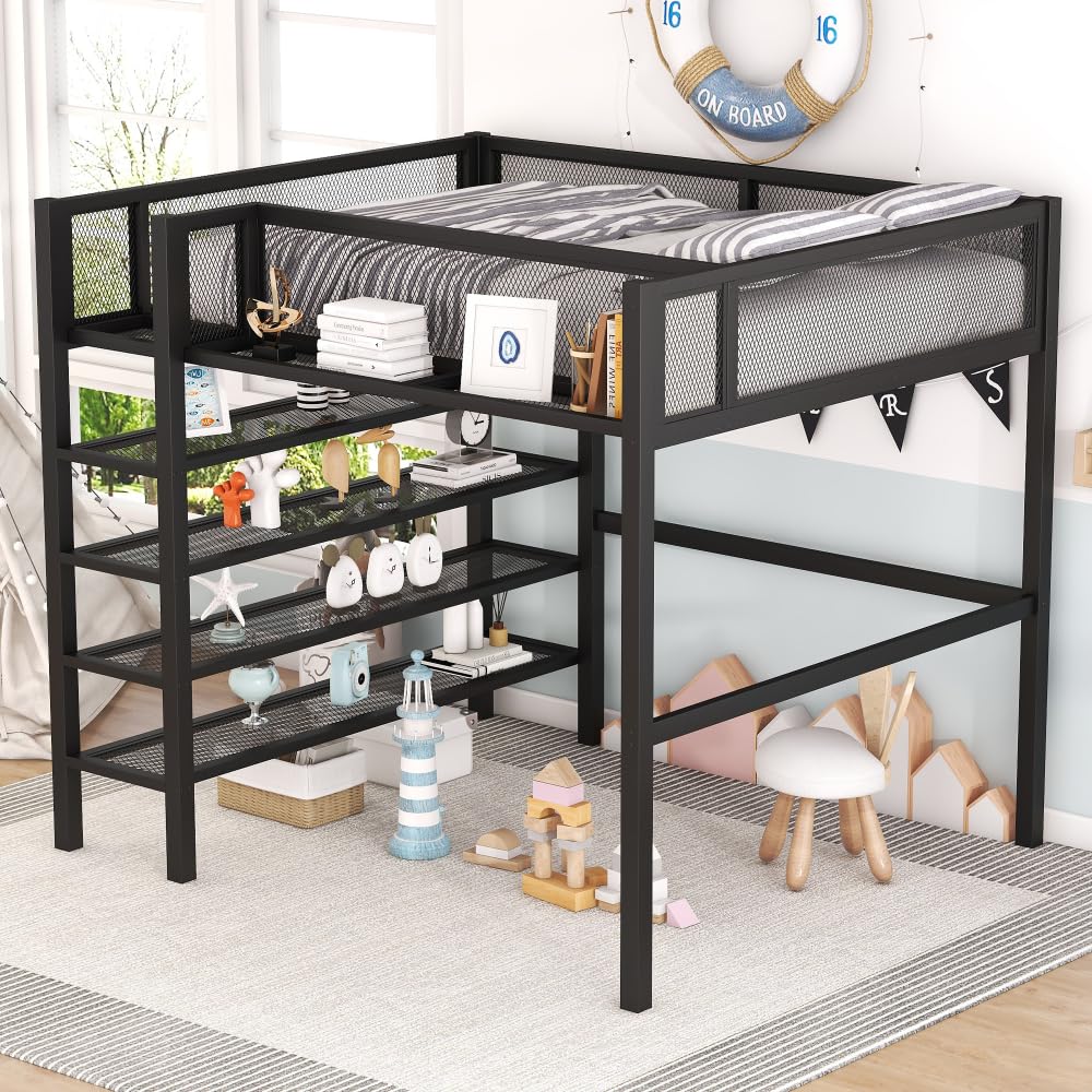 Metal Loft Bed With 4-Tier Shelves And Storage By Mason & Marbles Metal Loft Bed with Storage (Black + Metal + Full)