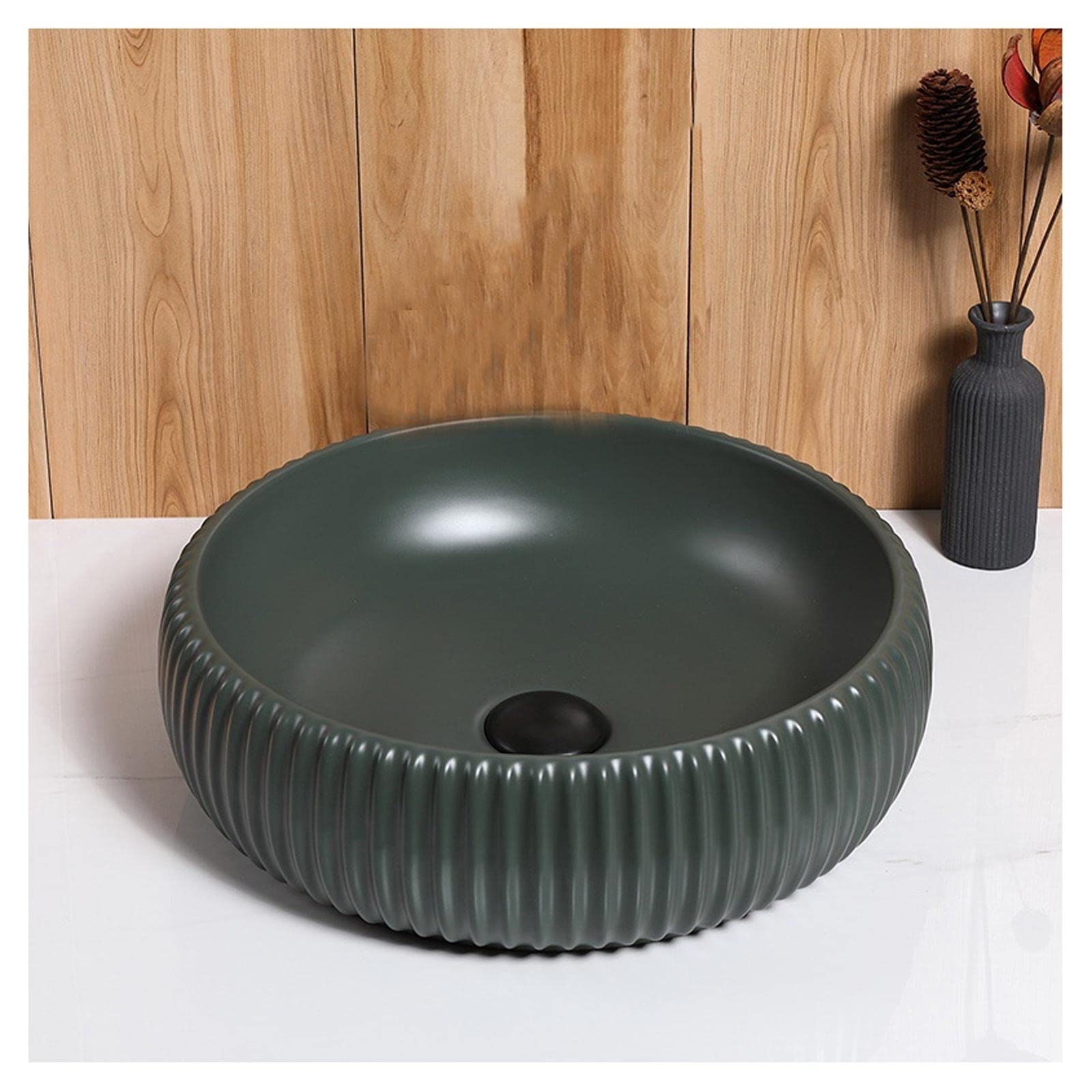 MYUYEE Bathoom Sink Bathroom Vessel Sink ?Basin Porcelain Round Shape Dark Green Bathroom Ceramic Sink Bowl 15.7X5.1 Inch Bathroom Vessel Sinks (A)