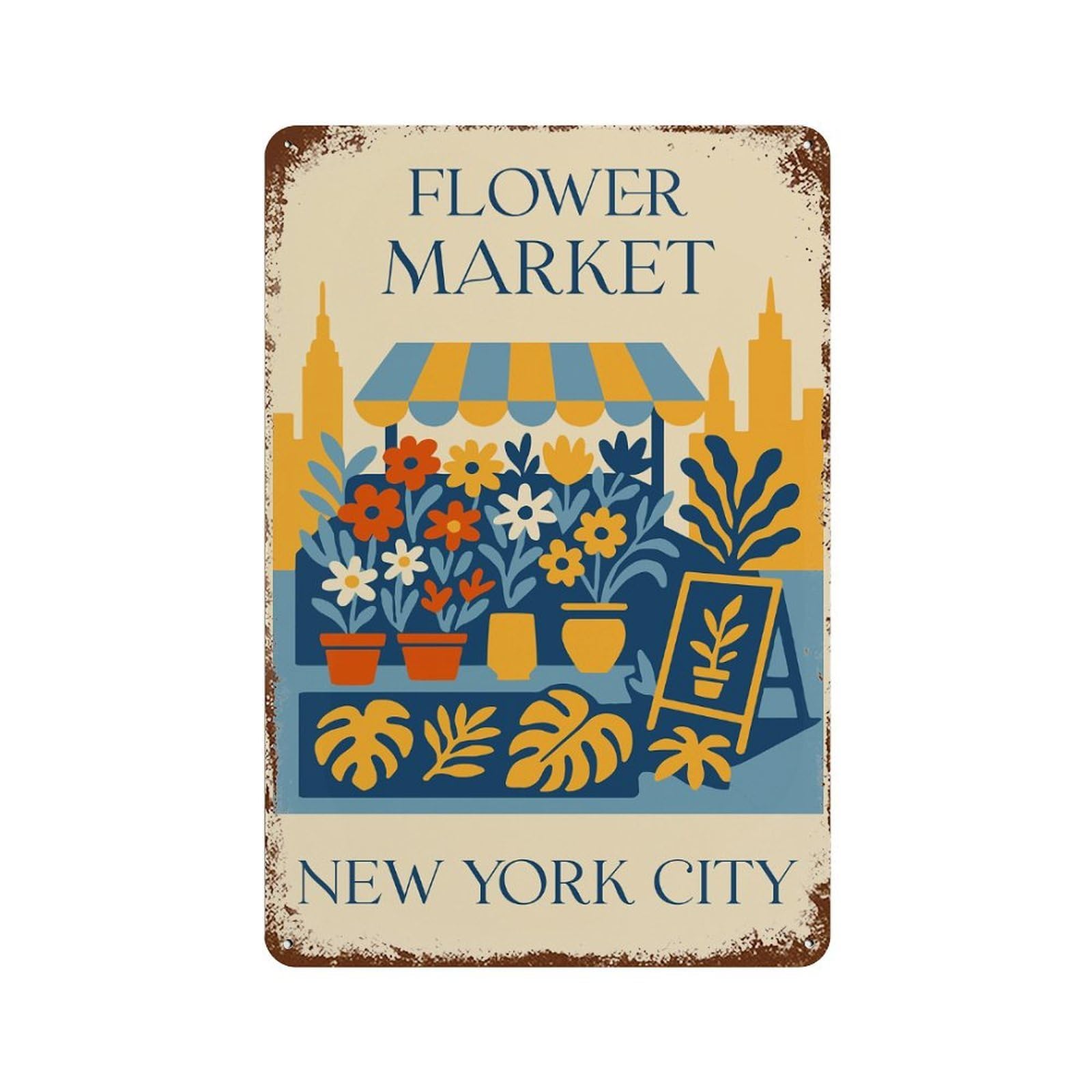 Flower Market New York City Illustration Vintage Rust Metal Sign 11.8"x7.9", Shabby Chic Decor for Living Room, Hallway And Home Decor