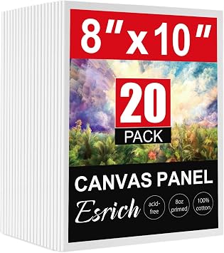 ESRICH Canvas Boards for Painting, 20 Pack Canvases for Painting 8x10 Cotton Primed Acid Free Blank Canvas Panels for Oil Paint, Watercolor, Acrylic Paint, Gouache and Tempera.