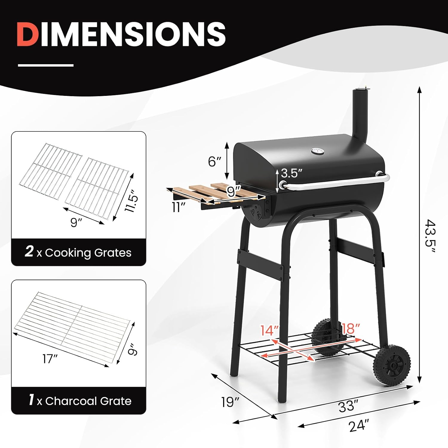 Happygrill Barrel Charcoal Grill, Outdoor BBQ Smoker Grill w/Foldable Side Table, Built-in Thermometer, Storage Shelf, Adjustable Air Vent, Portable Barbecue Grills w/Wheels for Camping & Picnic