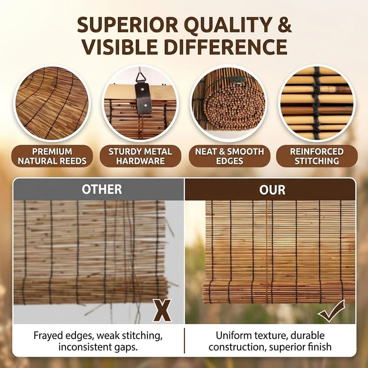 Bamboo Shades for Outdoor Patio, Bamboo Roll Up Blinds for Indoor Windows, 70% Sunshade Roller Blinds, Weather-Resistant Breathable Privacy Screen for Porch Pergola Balcony(60" Wx72 H)