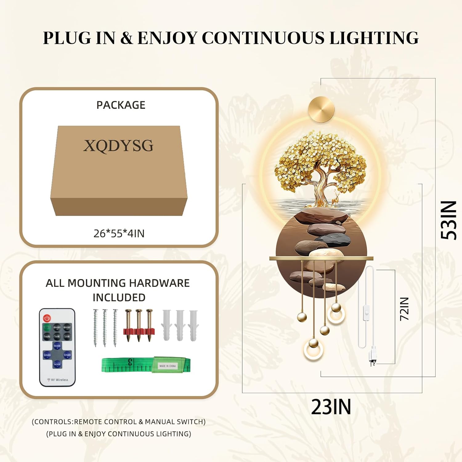 3D Art Wall Decor with Light, Art 3D Decor Wall Sculptures LED Modern Home Decors Picture Walls Light Chinese, Plug-in Power Supply, Gold T, 23x53IN