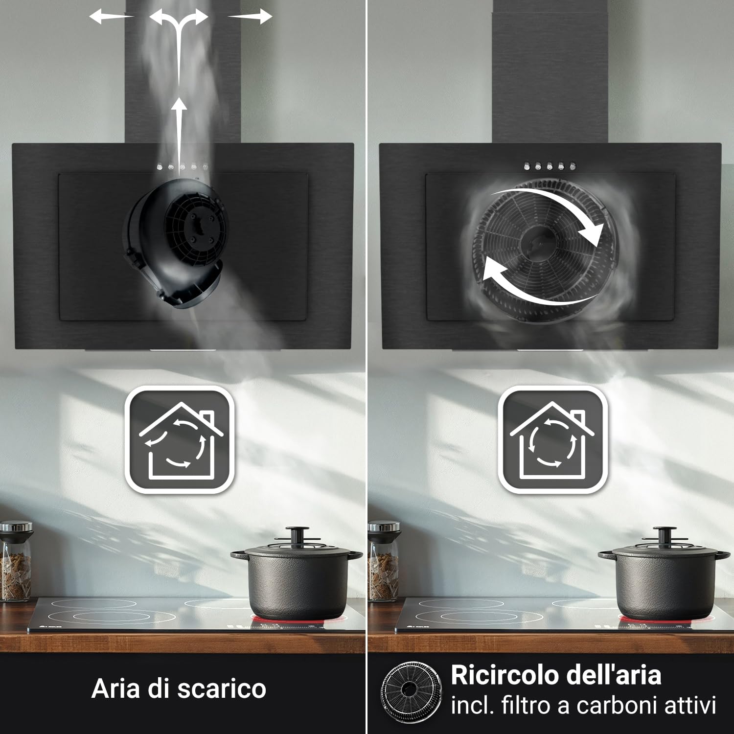 KKT KOLBE | Cappa aspirante 60 cm | Nero | Aria di scarico e aria di ricircolo | Senza testa | Acciaio inox | Inclinata | Funzionamento a pulsante | VTH6004S
