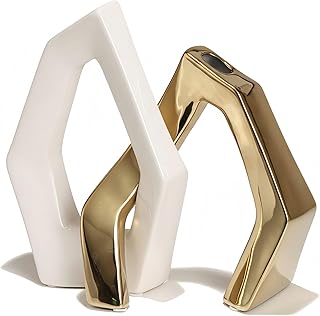 White and Gold Vase Set of 2, Modern Geometric Abstract Ceramic Flower V...